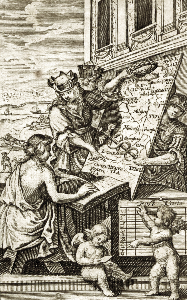 Kupferstichbild: Frontispiz »Die vornehmsten Europäischen Reisen [...]« (Hamburg 1741)
